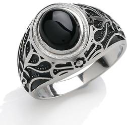 Jewelco London Silver Black Oval Onyx Carved Cabochon Signet Ring