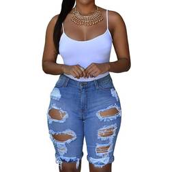 Roswear Women's Ripped Bermuda Shorts Jeans - Light Blue