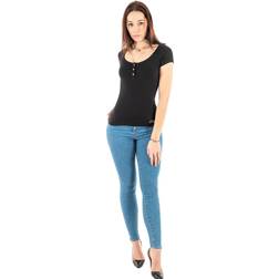 Guess Women's Short Sleeve Karlee Jewel Henley, Jet Black, Extra