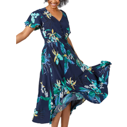 Roman Petite Floral Shirred Midi Dress - Navy