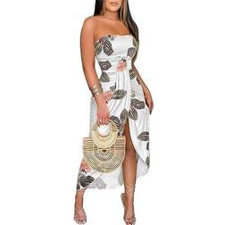 Umenlele Women's Strapless Ruched High Waist Long Dress - White Floral