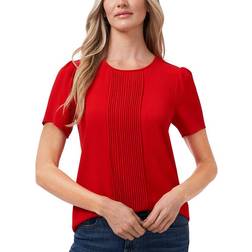 CeCe Women's Pin-Tucked Front Short Sleeve Crew Neck Blouse - Fireball