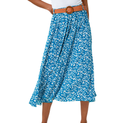 Roman Ditsy Floral Print Belted Midi Skirt - Petrol Blue