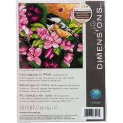 Dimensions mini needlepoint kit 5"x5"-chickadee in pink stitched in thread