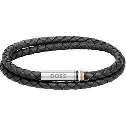 HUGO BOSS Gents Ares Black Double Wrap Leather Bracelet, Black, Men