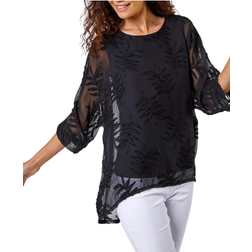 Roman Leaf Burnout Print Overlay Top - Black