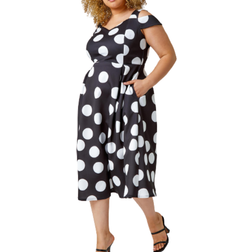 Roman Curve Premium Stretch Polka Dot Dress - Black