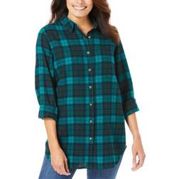 Woman Within Classic Flannel Shirt - Rich Jade Plaid