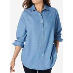 Woman Within Classic Long-Sleeve Denim Shirt Plus Size - Light Stonewash