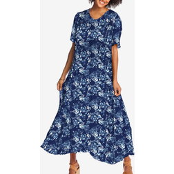 Woman Within Short-Sleeve Crinkle Dress Plus Size - Navy Painterly Bouquet