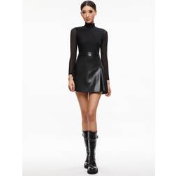 Alice + Olivia Chara Long-Sleeve Vegan Leather Pleated Mini Dress BLACK