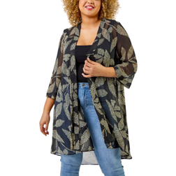 Roman Curve Spot Leaf Print Dipped Hem Kimono - Black