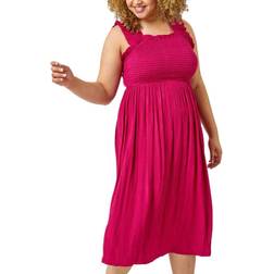 Roman Curve Sleeveless Shirred Midi Stretch Dress - Pink