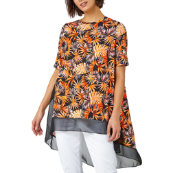 Roman Tropical Print Chiffon Hem Stretch Top - Orange