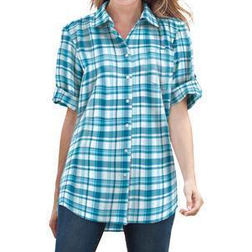 Woman Within Short Sleeve Button Down Seersucker Shirt - Deep Teal Camp Plaid