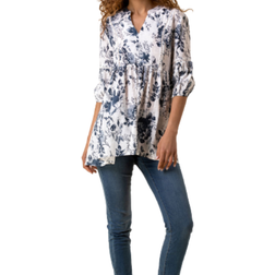 Roman Floral Print Notch Neck Top - Blue