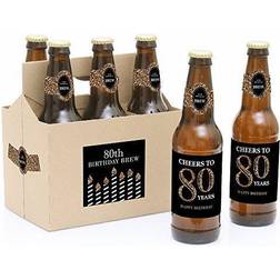 Big Dot of Happiness Adult 80th birthday gold birthday decor 6 beer bottle labels & 1 carrier