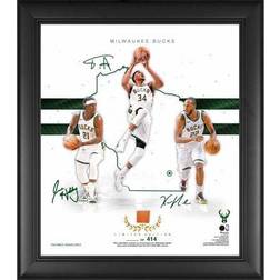 Milwaukee Bucks Facsimile Signatures 15 x 17 2020-21 Franchise Foundations Collage with Piece of Game-Used