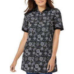 Woman Within Perfect Printed Short-Sleeve Polo Shirt - Black Bandana Paisley