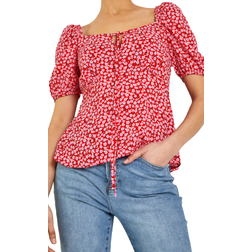 Dusk Ditsy Floral Tie Neck Peplum Top - Red