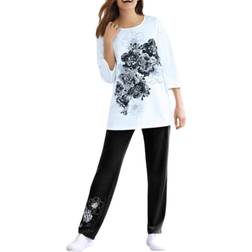 Woman Within Floral T-shirt and Pant Set - Black Floral Placement