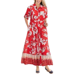 Woman Within Roll-Tab Sleeve Crinkle Shirtdress - Vivid Red Bloom Flower