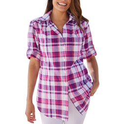 Woman Within Short Sleeve Button Down Seersucker Shirt - Raspberry Sorbet Camp Plaid