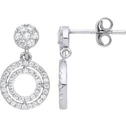 Jewelco London Silver cz double halo hoop drop earrings