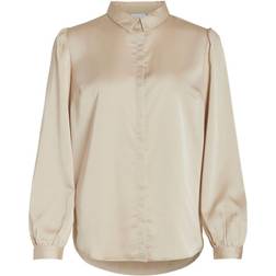 Vila Långärmad Satin Skjorta Beige