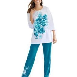 Woman Within Floral Tee and Pant Set - Deep Teal Floral Placement