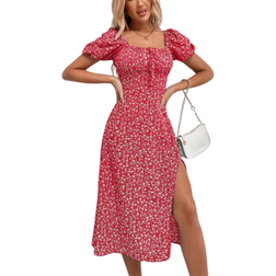 Shein Frenchy Ditsy Knot Front Split Thigh Dress - Red