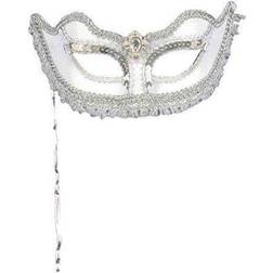 White & Silver Venetian Stick Mask