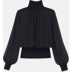 Lafayette 148 New York Knit Trim Turtleneck Blouse Black