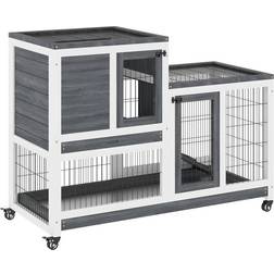 Pawhut Indoor Elevated Rabbit Hutch w/ Enclosed Run and Wheel 86x110x50cm