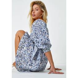 Dusk Fashion Ditsy Floral Shirred Cotton Tea Dress in Blue