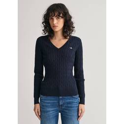 Gant Women Stretch Cotton Cable V-Neck - Evening Blue