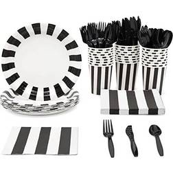 Blue Panda 24 Set Disposable Dinnerware Black White Party Supplies for Happy Halloween Multi