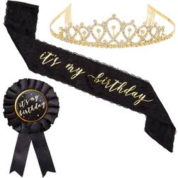 Sparkle and Bash 3 piece set birthday props, black ribbon pin, gold rhinestone tiara crown