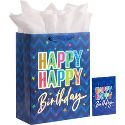 Suncolor 13" large happy birthday gift bag with card and tissue paper blue ha