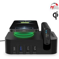 Naztech Charging Station 65W m. Trådløs Oplader, 3 x USB-A, 1 x USB-C, 1 x 4000mAh Powerbank & 20W Vægoplader Sort