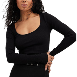 NA-KD Plunging Neckline Ribbed Top - Black