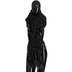 Dolce & Gabbana Black Wool Knitted Wrap Foulard Fringe Scarf