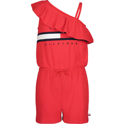 Tommy Hilfiger Girl's One-Shoulder Flag Stripe Logo Romper - Chinese Red