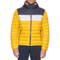 Tommy Hilfiger Men's Quilted Lightweight Colorblock Hooded Puffer Jacket, Medium, Yellow/Navy