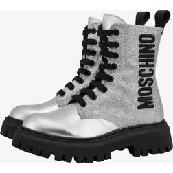 Moschino Kids Logo glitter leather boots silver