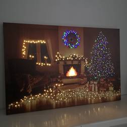 SnowTime 40 60cm Fibre Optic Canvas with Christmas Tree Scene Multicoloured LEDs Wall Decor