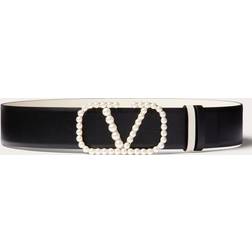 Valentino Garavani VLogo Signature Reversible Belt in Shiny Calfskin with Pearls 40 mm - Black/Light Ivory