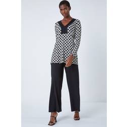 Roman Abstract Button Detail Tunic Stretch Top in Black