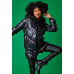 Roman Hooded Long Quilted Coat in Black