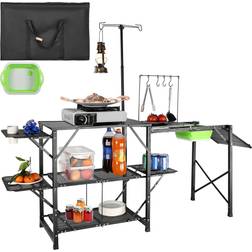 VEVOR Camping Kitchen Table, One-piece Folding Portable Cook Station with A Carrying Bag, Long Aluminum Camping Table 3 Side Tables, 2 Shelves & A Det